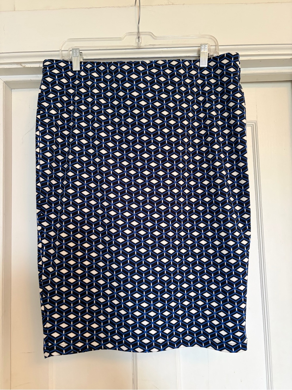 Navy and White Geometric Stretch Pencil Skirt